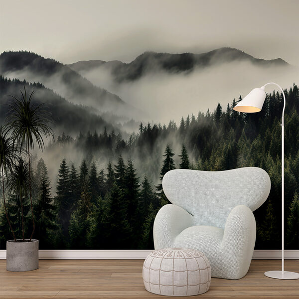Forest with fog and mountains