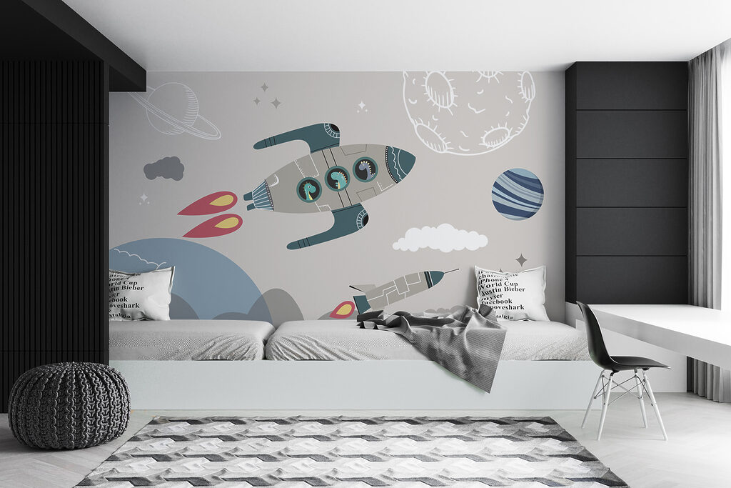 Cartoon rocket ship and rockets in the sky Cartoon rocket ship and rockets in the sky