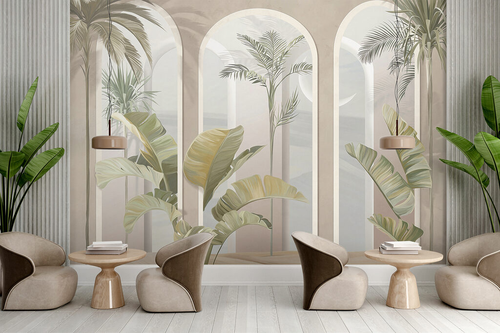 Wall mural of a room with palm trees