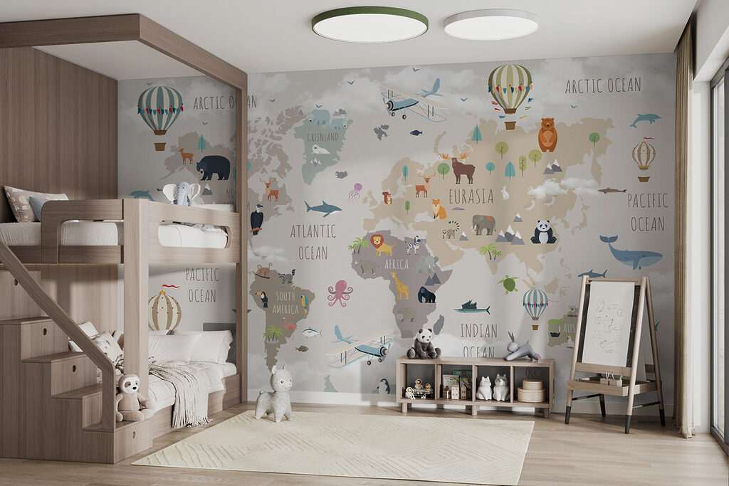 Map of the world with animals and birds