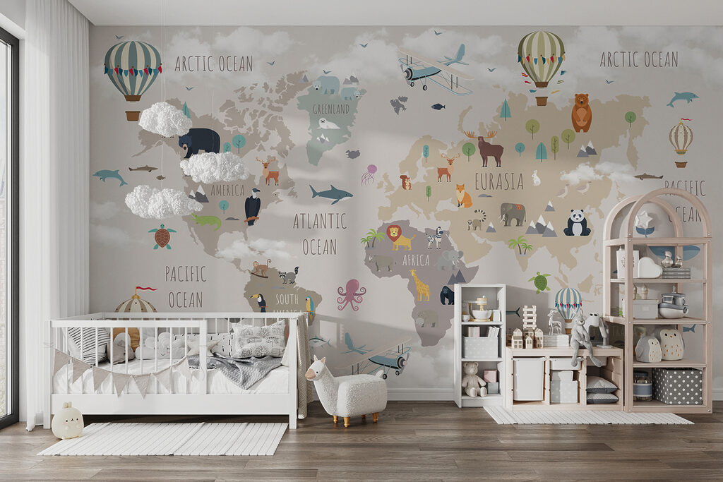 Map of the world with animals and birds