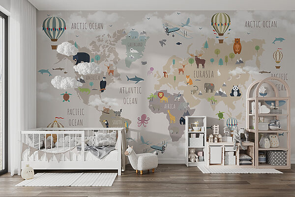 Map of the world with animals and birds