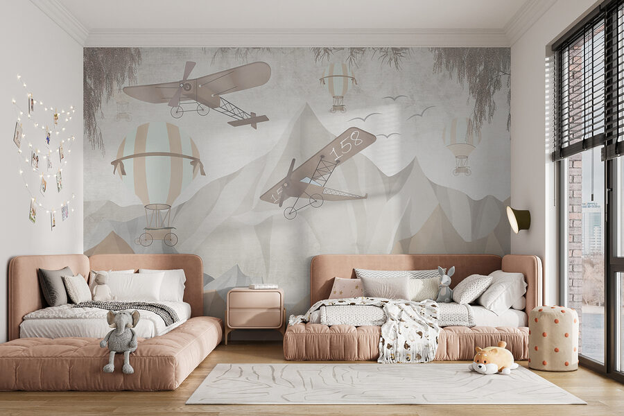 Painting of airplanes flying over mountains Painting of airplanes flying over mountains