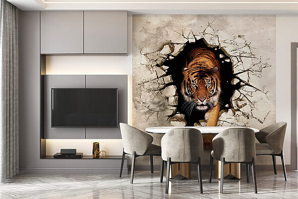 Tiger coming out of a hole in a wall