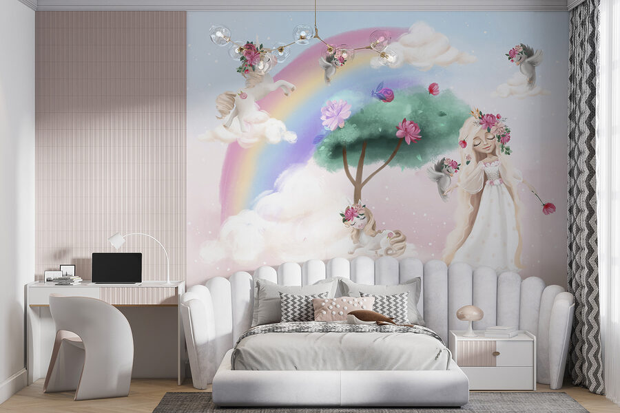 Cartoon of a girl with flowers on her hair and a rainbow