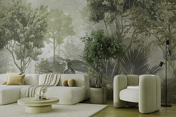 A group of trees and plants in a foggy forest A group of trees and plants in a foggy forest