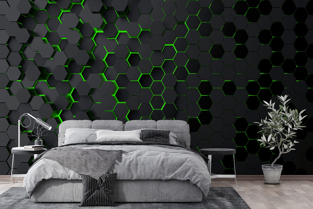 A black hexagons with green lights A black hexagons with green lights