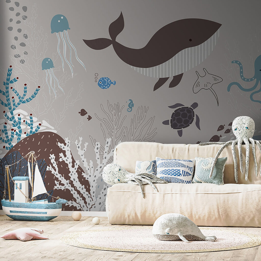 A sea life with a whale and seaweed A sea life with a whale and seaweed