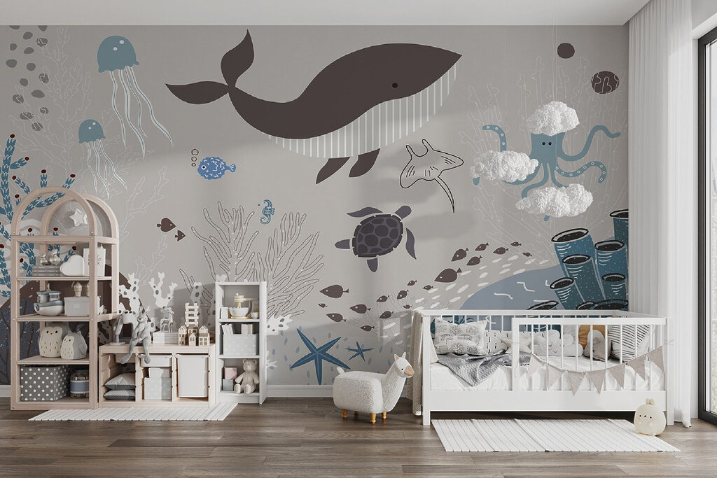 A sea life with a whale and seaweed A sea life with a whale and seaweed