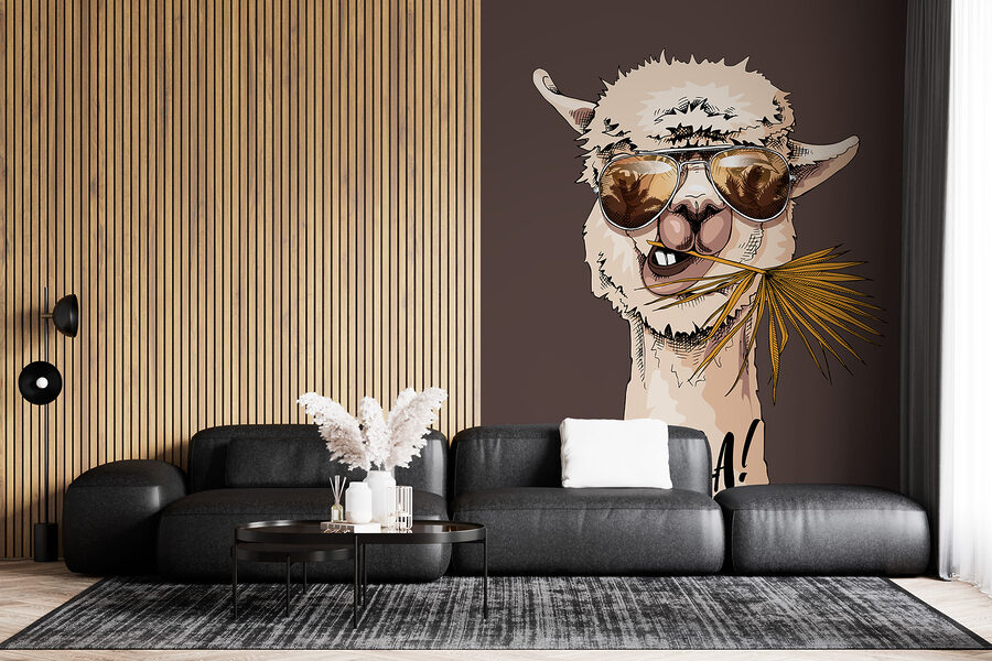 A llama wearing sunglasses and eating a palm leaf