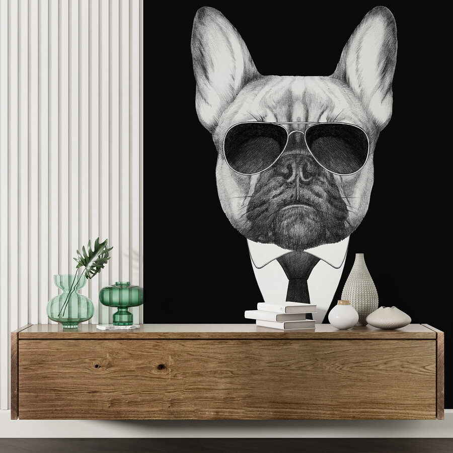 A dog wearing sunglasses and a suit A dog wearing sunglasses and a suit