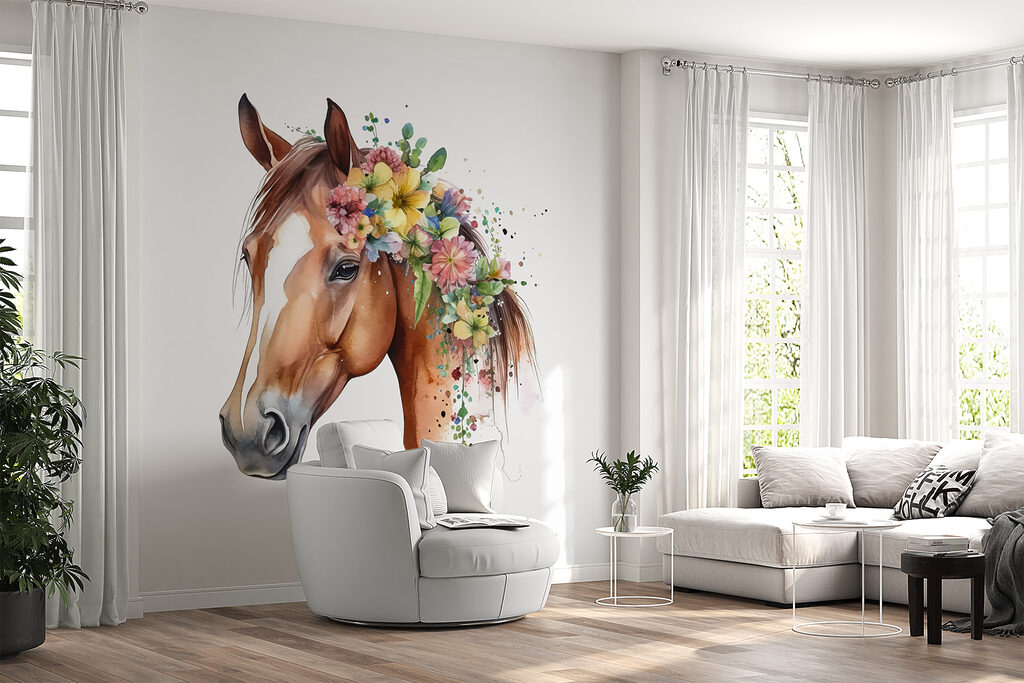 A watercolor of a horse with flowers on its head