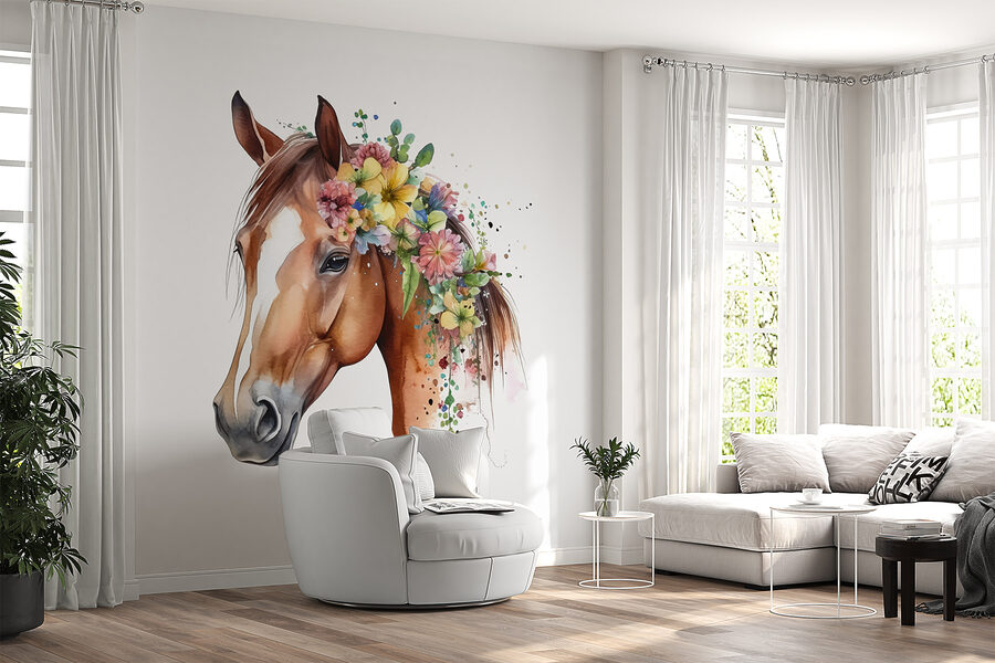 A watercolor of a horse with flowers on its head A watercolor of a horse with flowers on its head