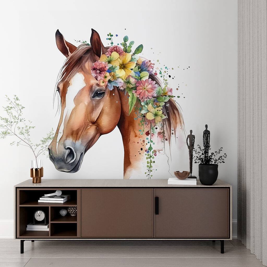 A watercolor of a horse with flowers on its head