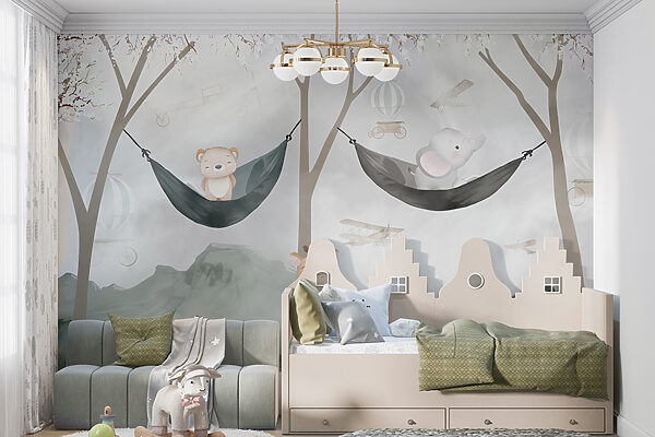 A giraffe and bear in hammocks