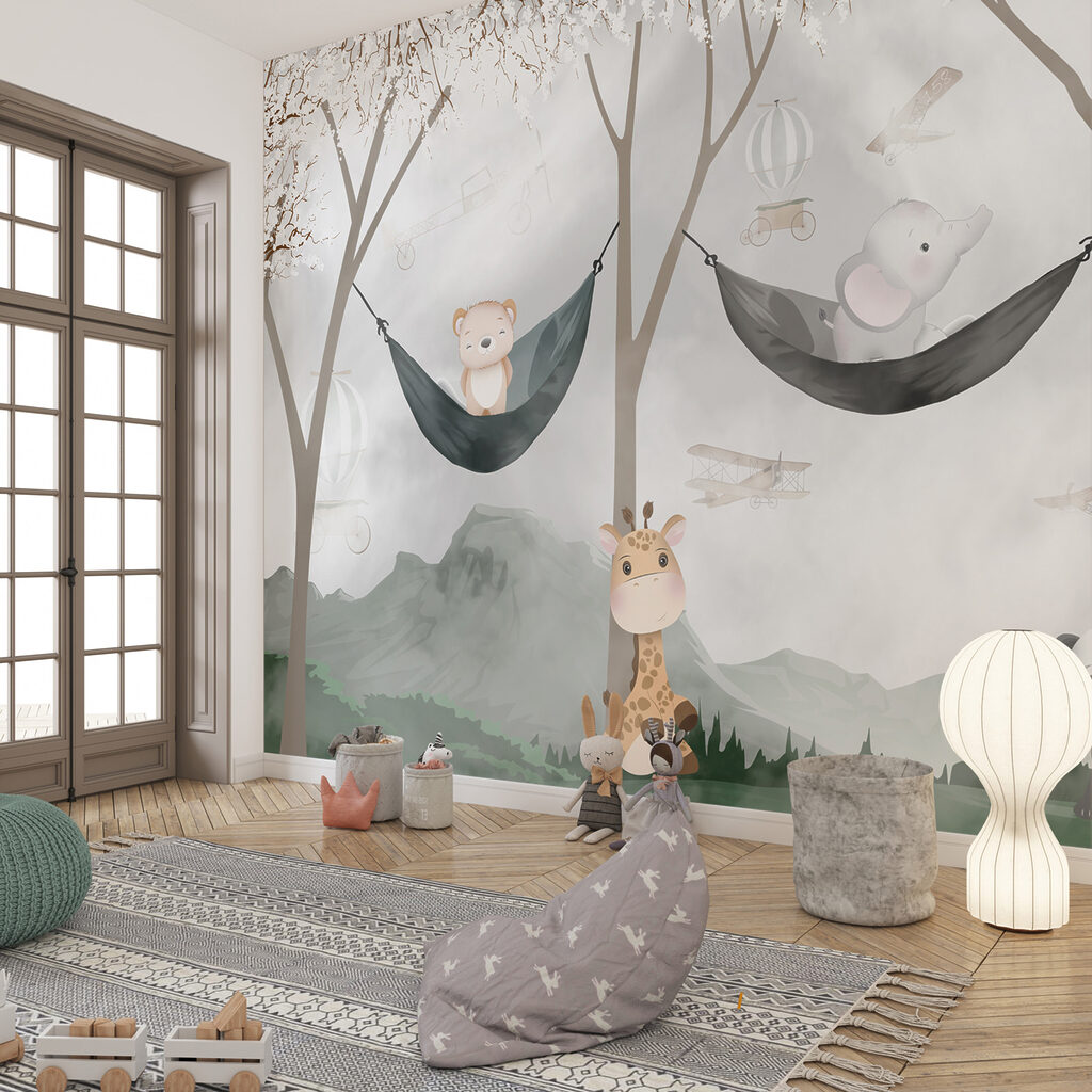 A giraffe and bear in hammocks