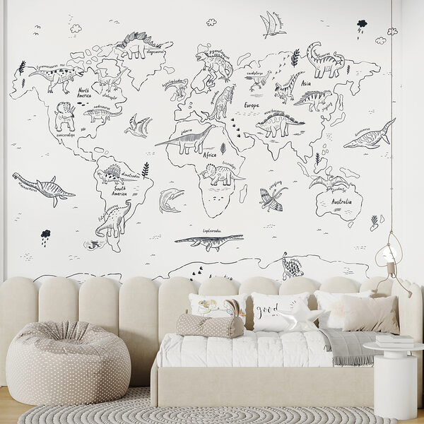 A map of the world with dinosaurs