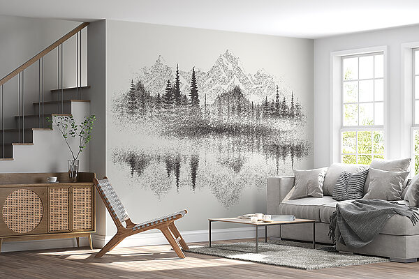 A mountain range and trees reflected in a lake A mountain range and trees reflected in a lake