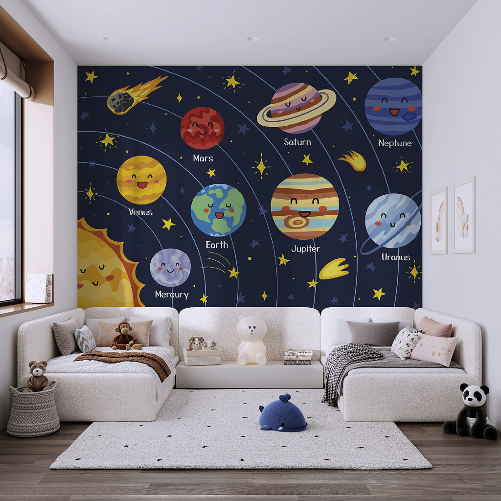 Cartoon planets and stars in space