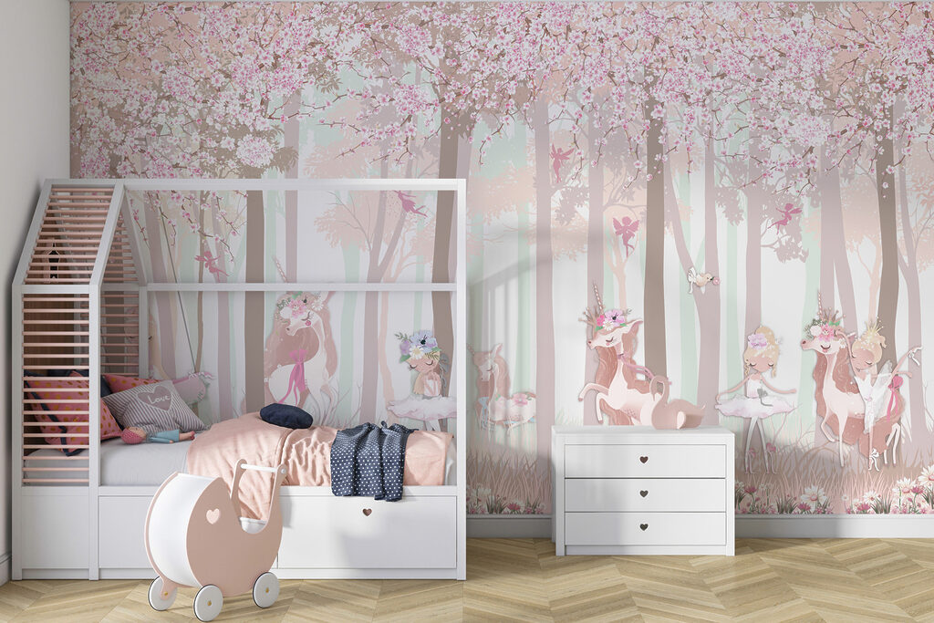 A wallpaper with a group of unicorns and fairies