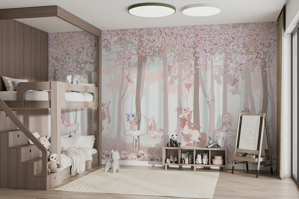 A wallpaper with a group of unicorns and fairies