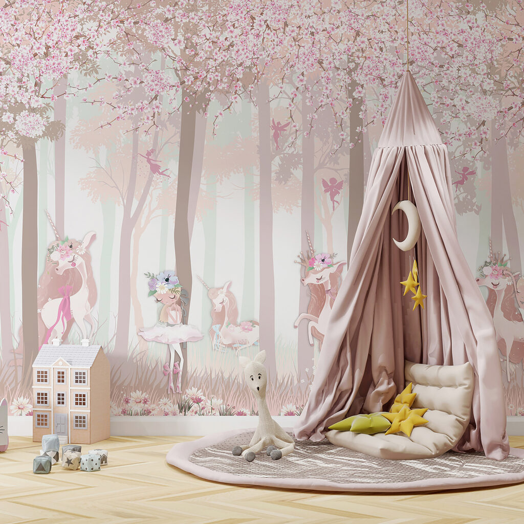 A wallpaper with a group of unicorns and fairies