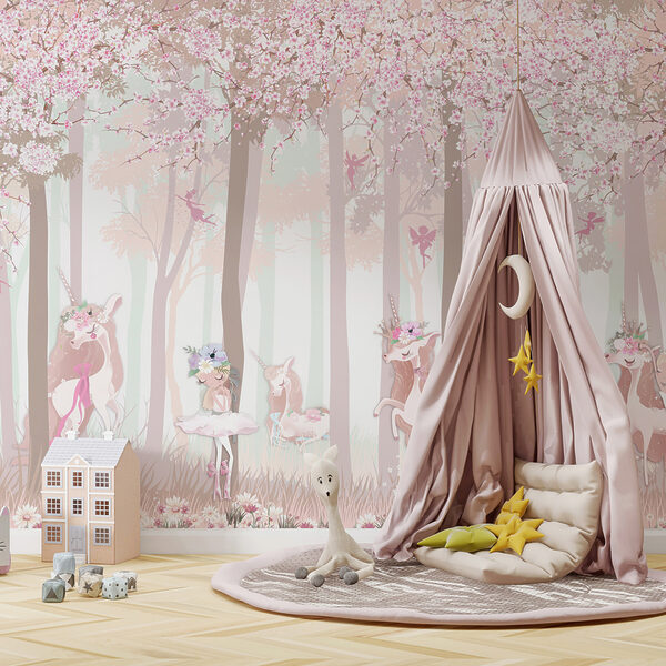 A wallpaper with a group of unicorns and fairies