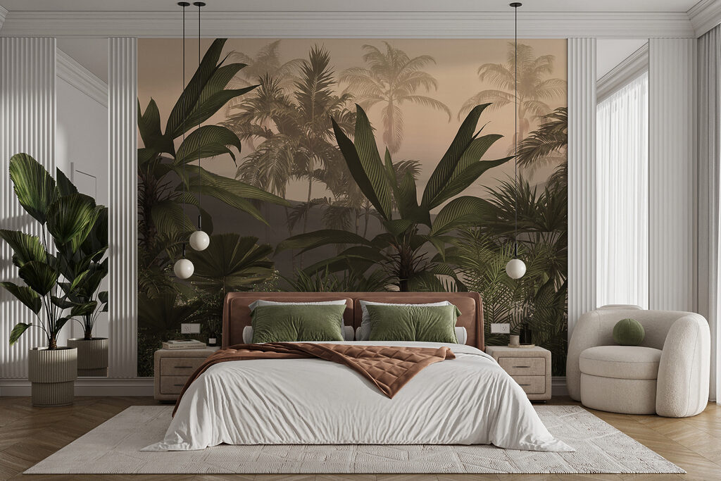 A group of palm trees in a foggy forest