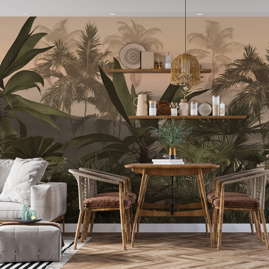 A group of palm trees in a foggy forest