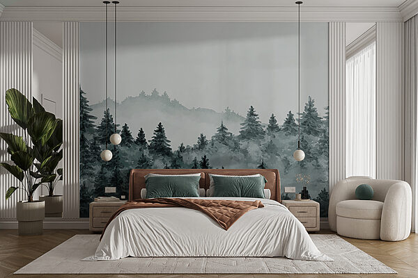 A foggy forest with trees