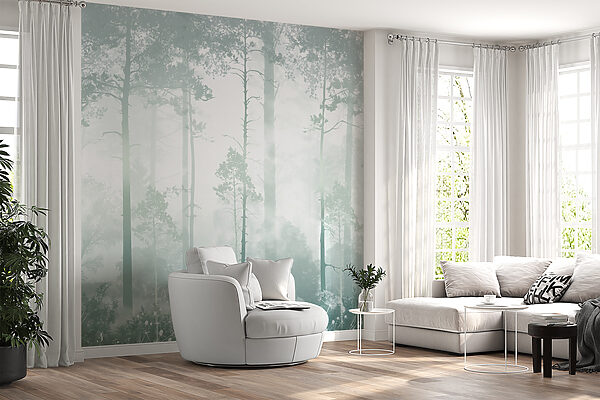 A foggy forest with tall trees