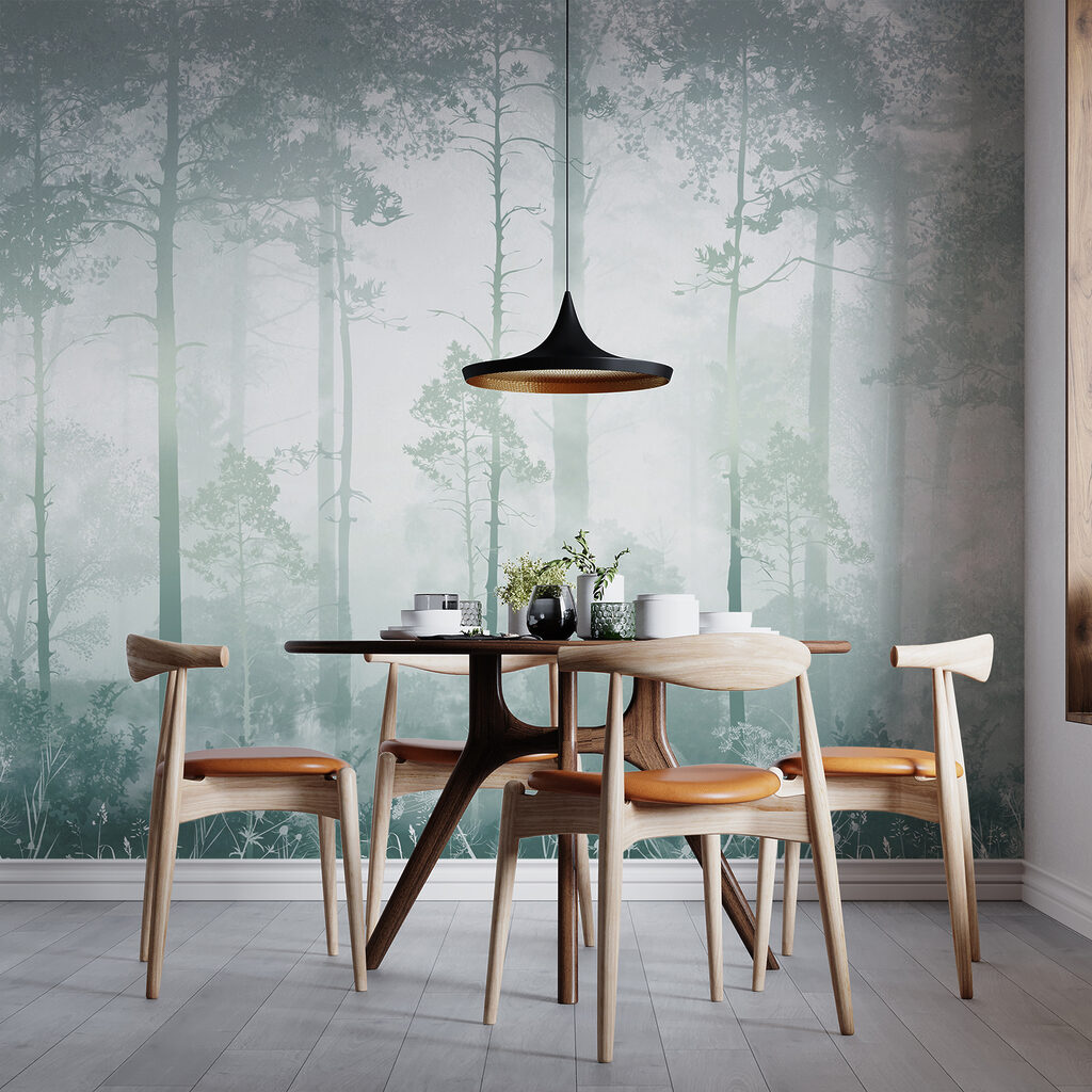 A foggy forest with tall trees