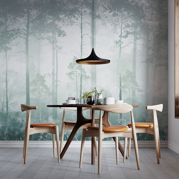 A foggy forest with tall trees