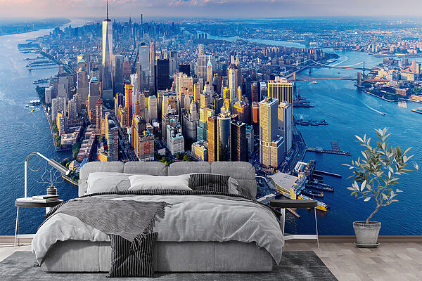 A city with many tall buildings and a body of water A city with many tall buildings and a body of water