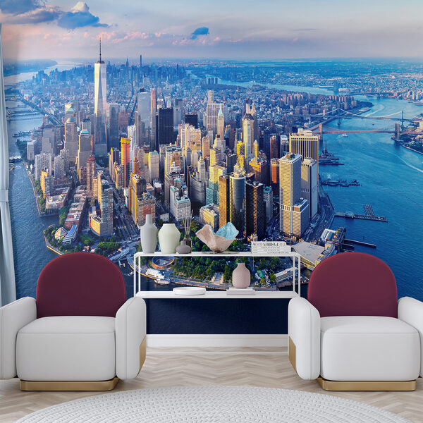 A city with many tall buildings and a body of water A city with many tall buildings and a body of water