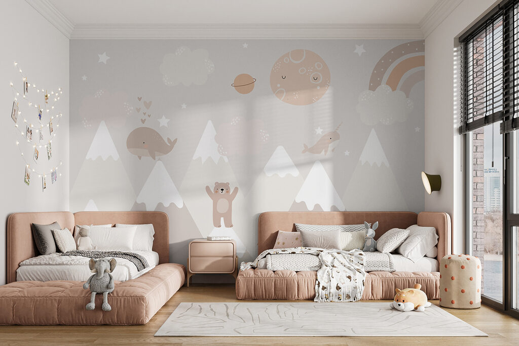 A wall mural of a cartoon landscape