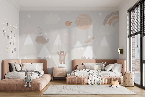 A wall mural of a cartoon landscape A wall mural of a cartoon landscape