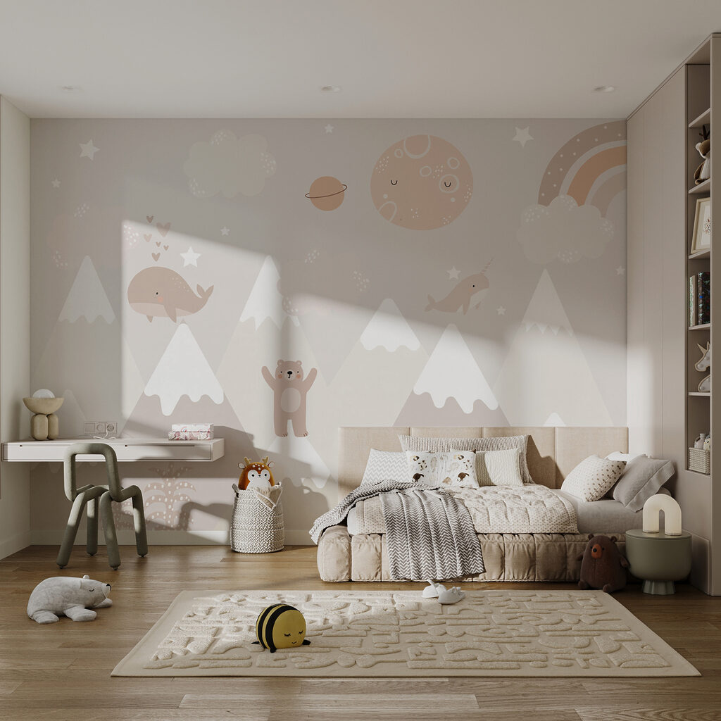 A wall mural of a cartoon landscape