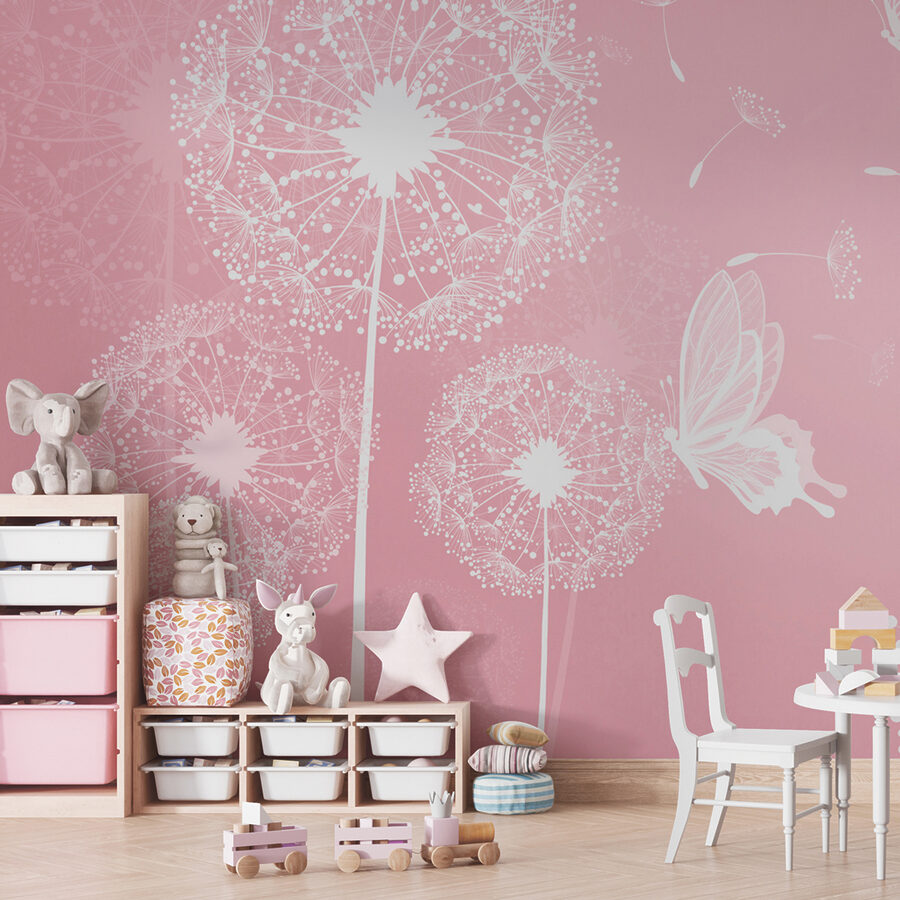 Wall murals A pink background with white dandelions and butterflies - Image 3
