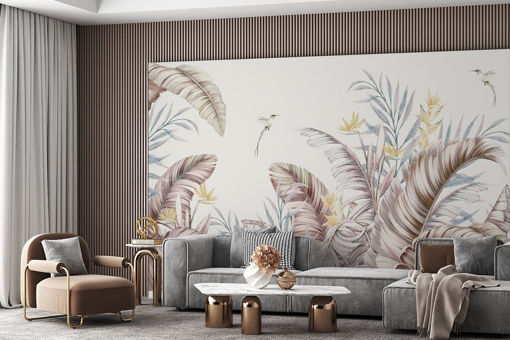 A painting of tropical plants and birds