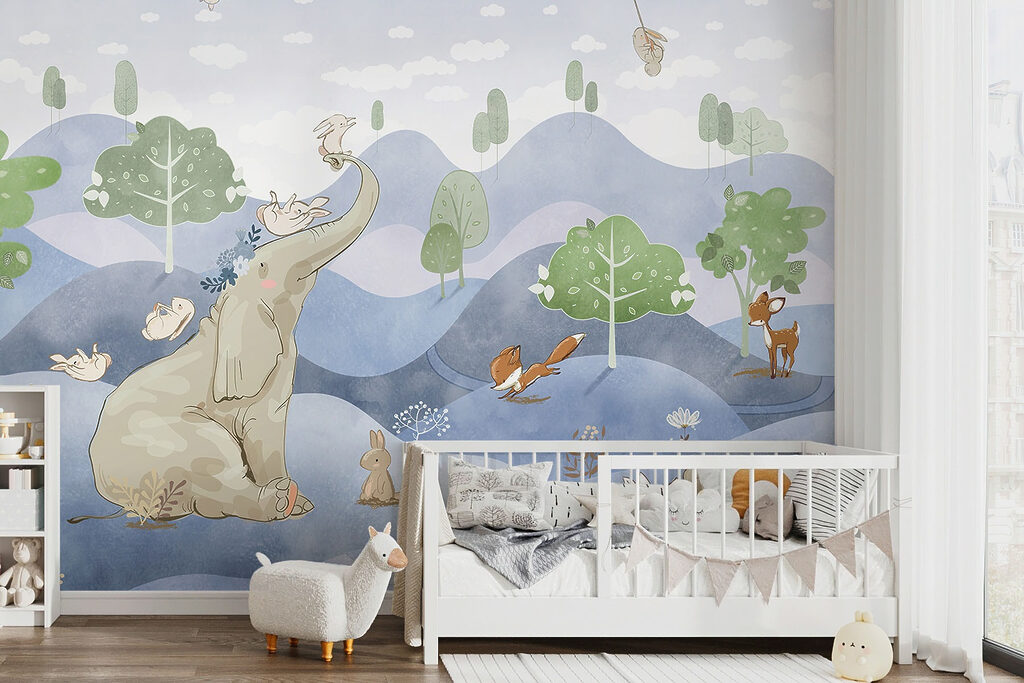 An elephant and rabbits in a forest An elephant and rabbits in a forest