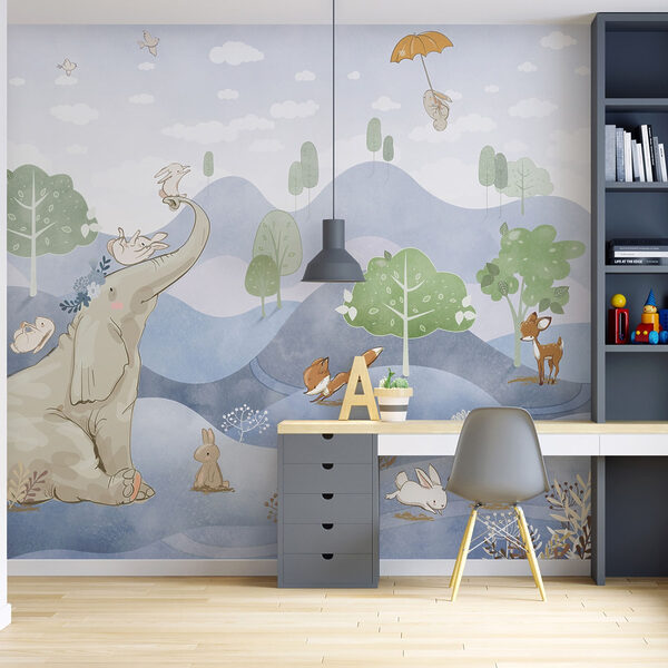 An elephant and rabbits in a forest An elephant and rabbits in a forest