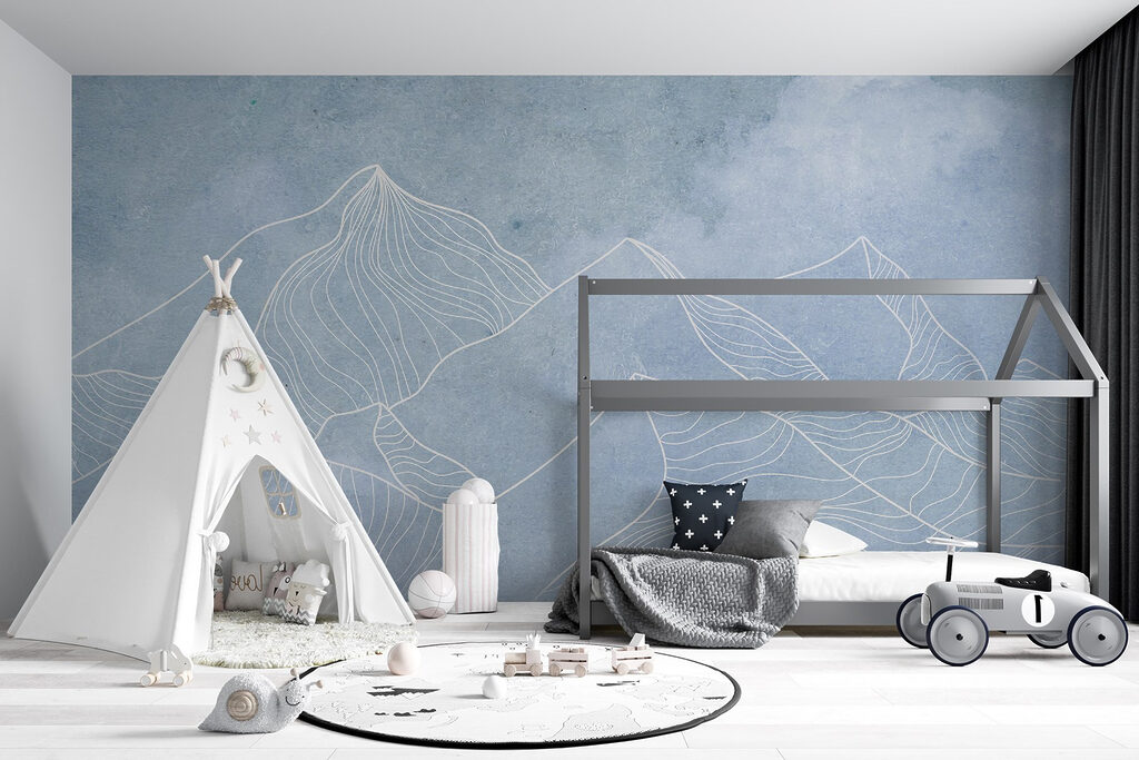 A drawing of mountains with clouds