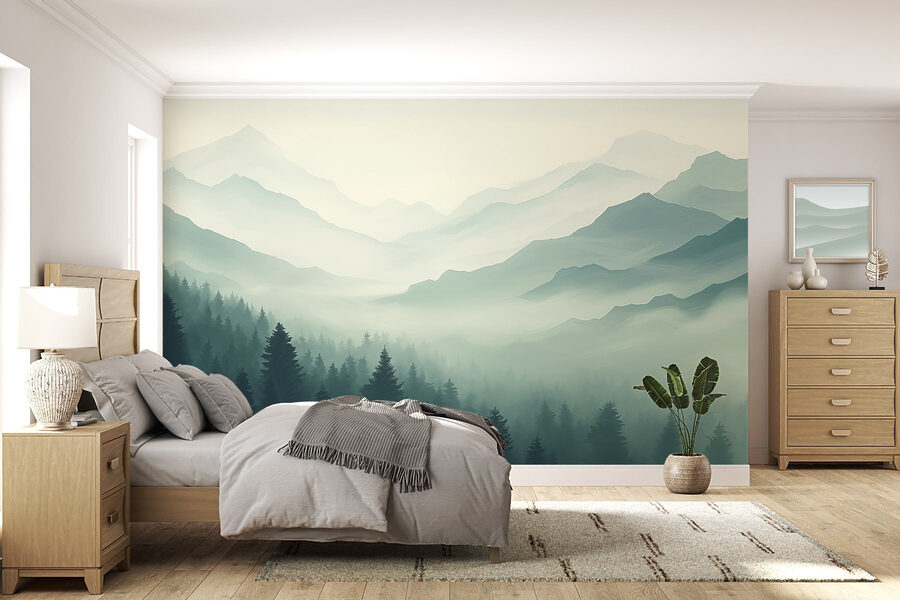 Foggy mountain landscape with trees