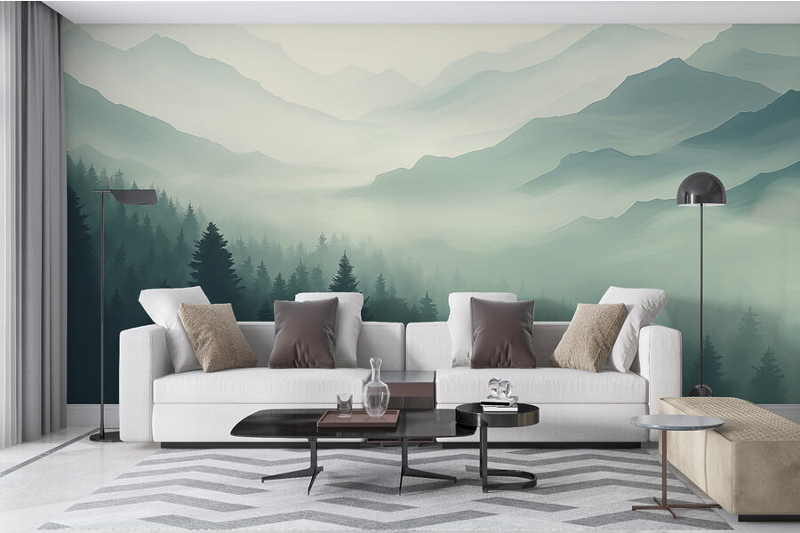 Foggy mountain landscape with trees