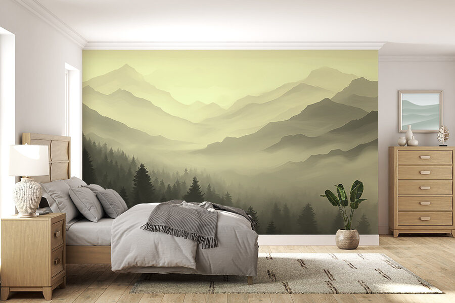 Foggy mountain landscape with trees Foggy mountain landscape with trees