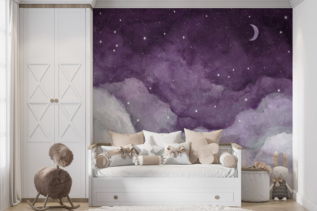 A purple sky with clouds and stars