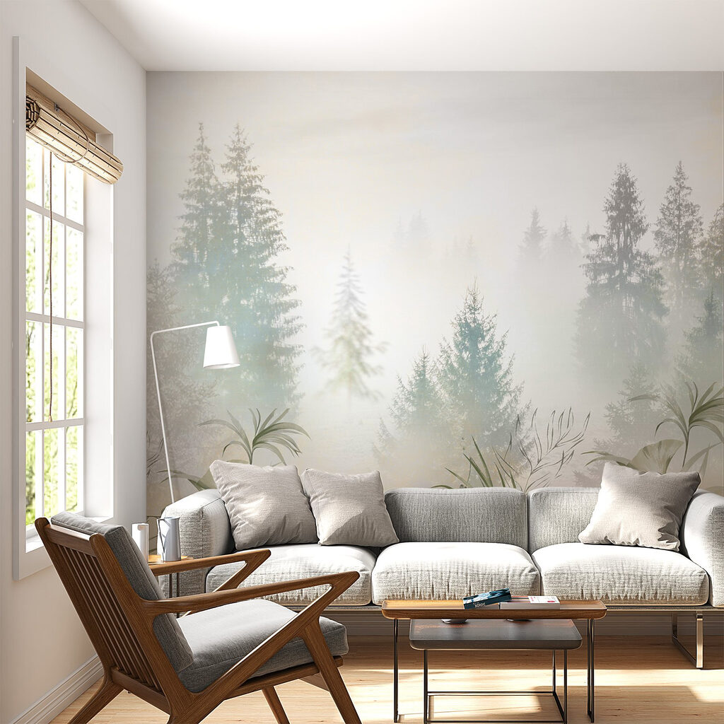 A foggy forest with plants and trees