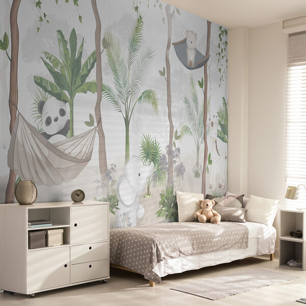 A wallpaper with animals in hammocks in the forest