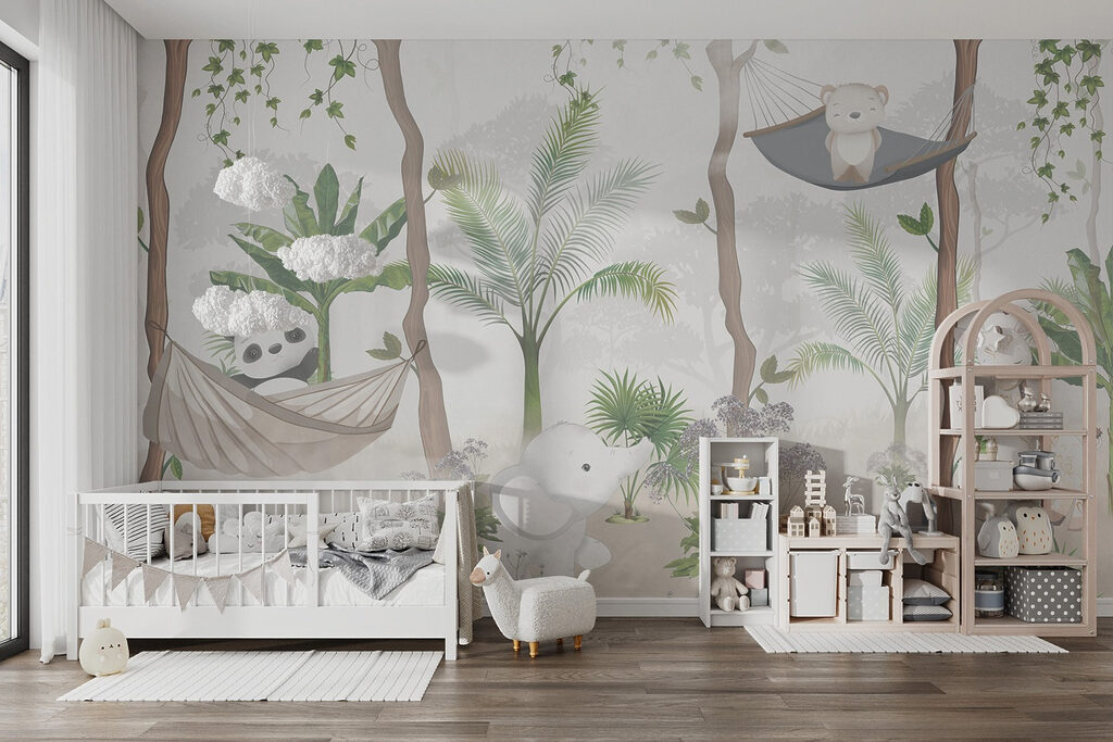 A wallpaper with animals in hammocks in the forest